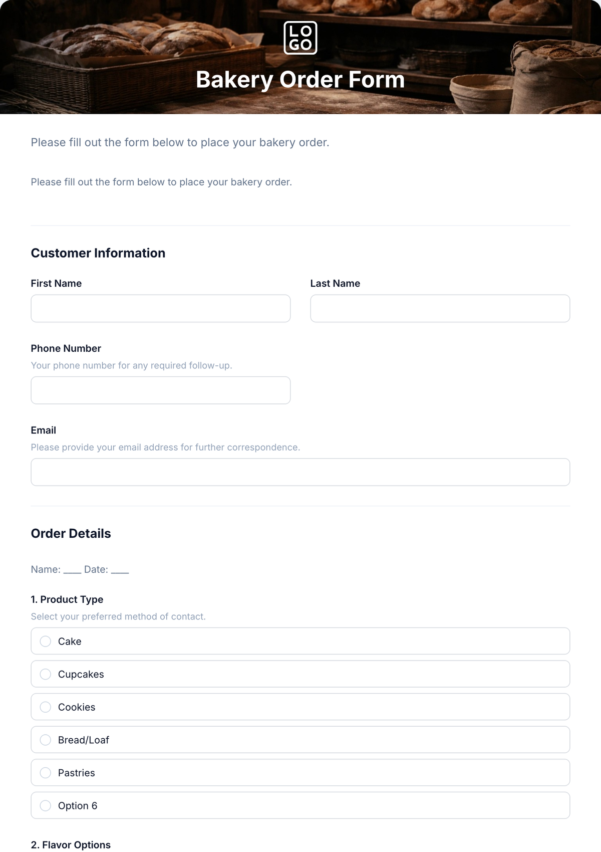 Bakery Order Form Bakery Order Form
