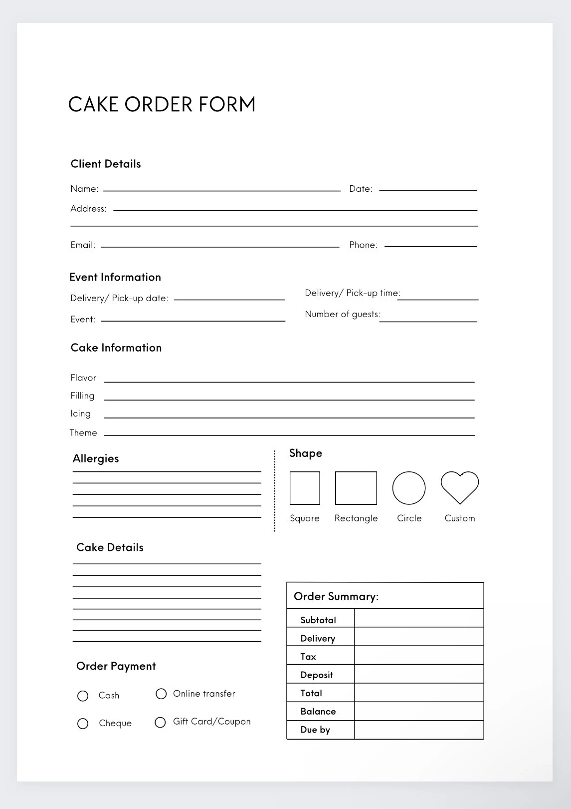 Cake Order Form Custom Cake Order Sheet