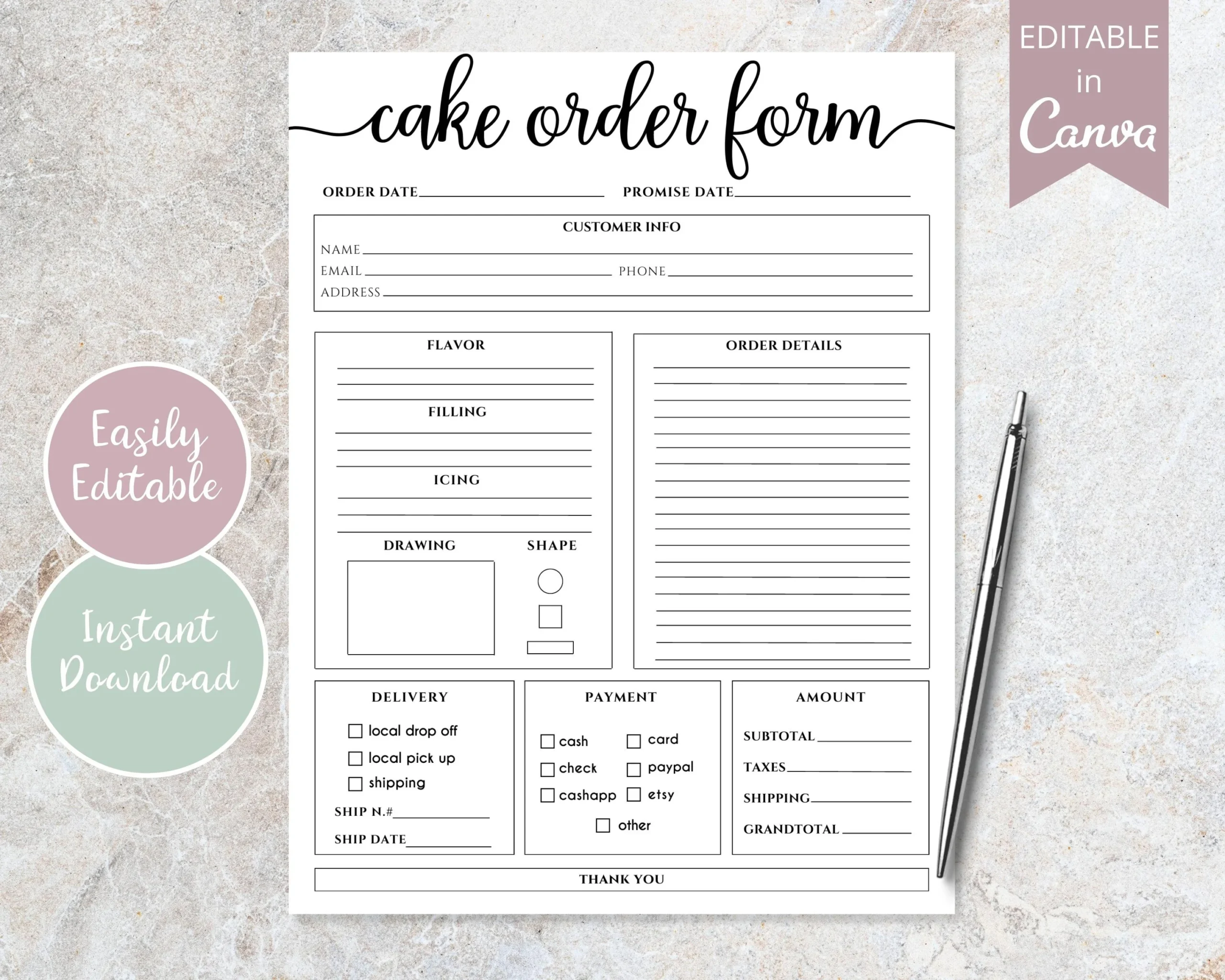 Cake Order Form Editable Canva Template