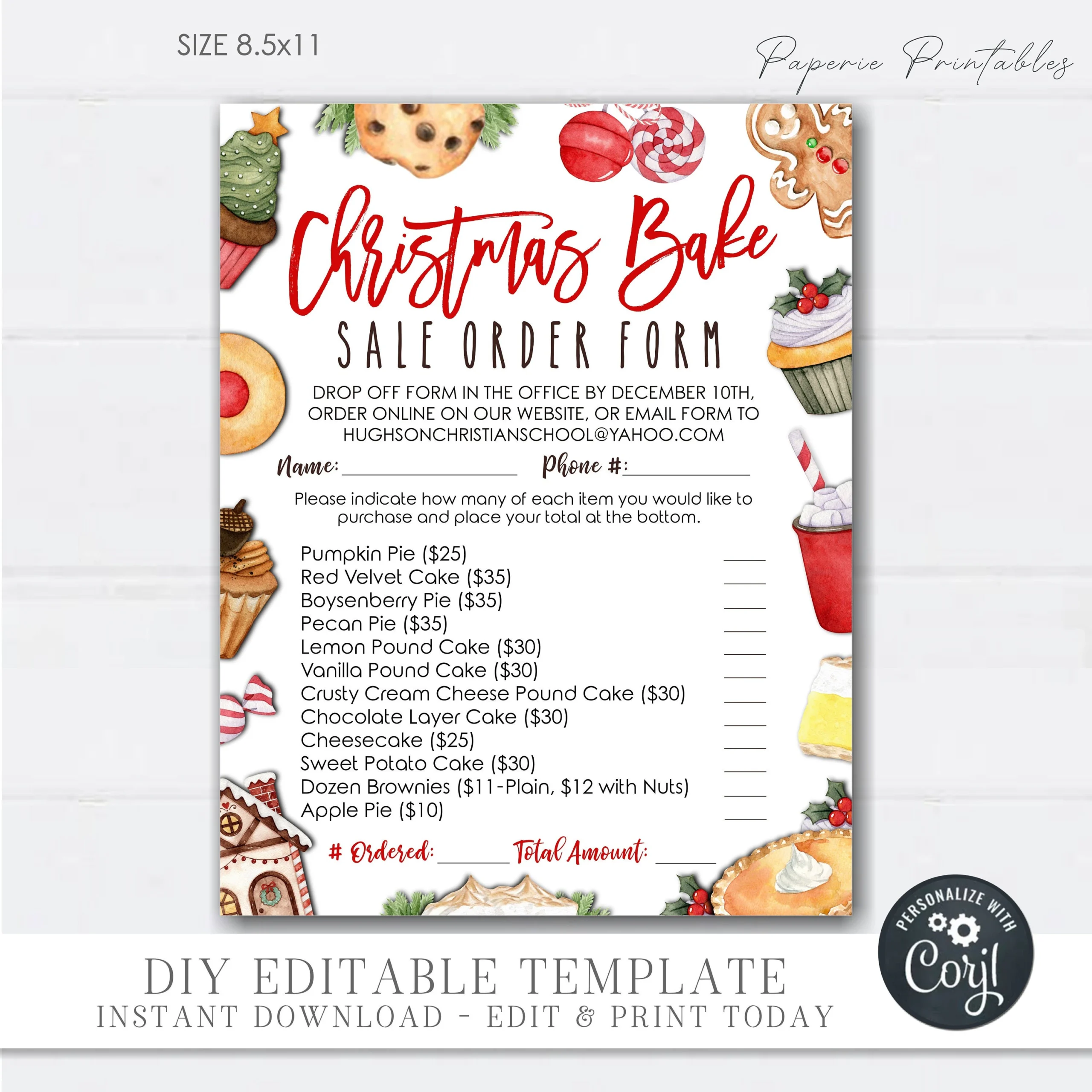 Editable Christmas Pie Sale Order Form