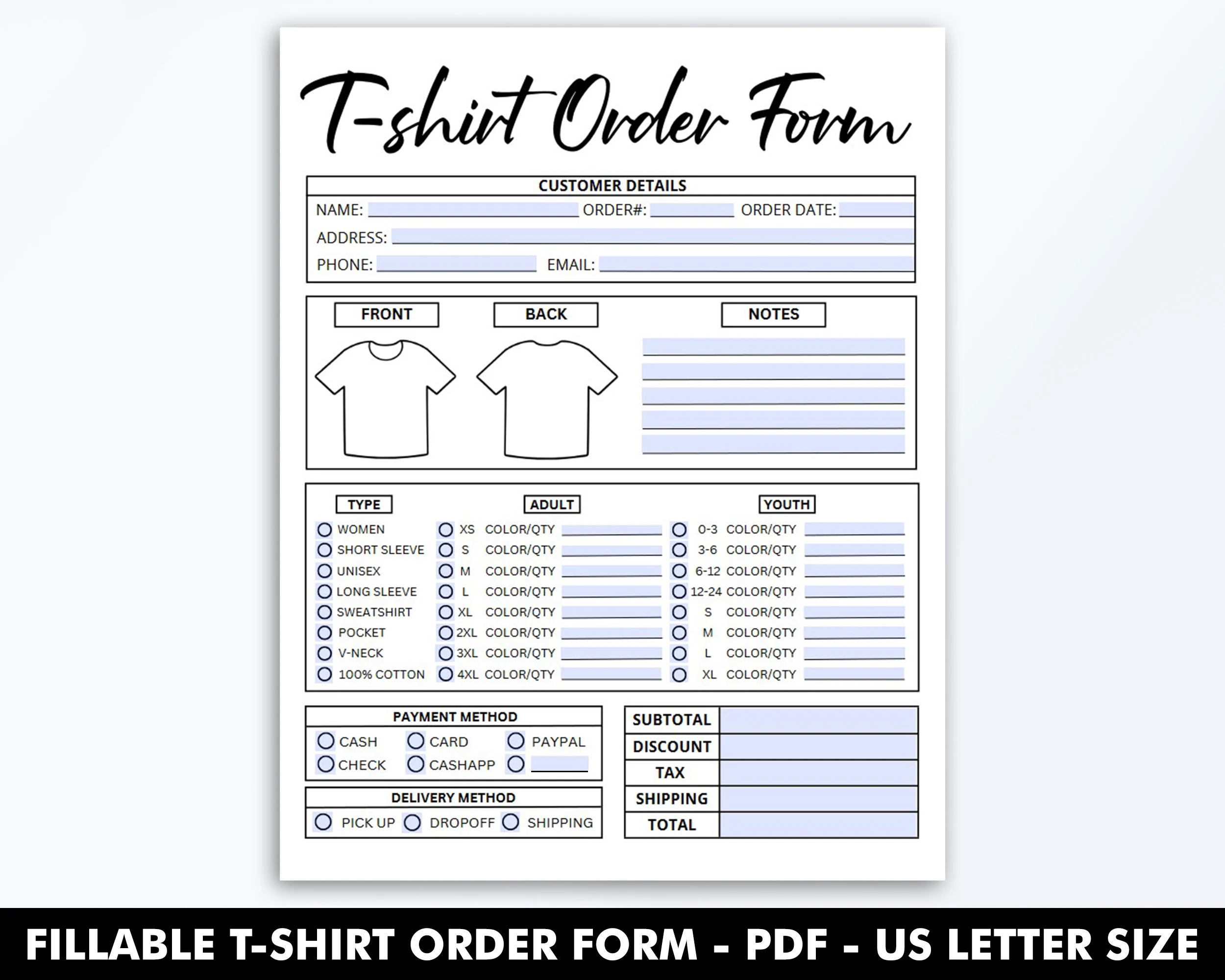 Fillable T Shirt Order Form Template