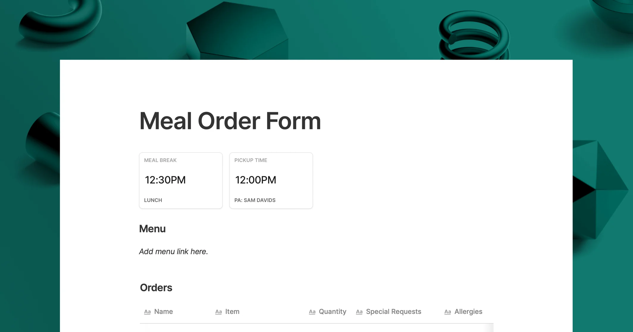 Food Order Form Template Food Order Form Template