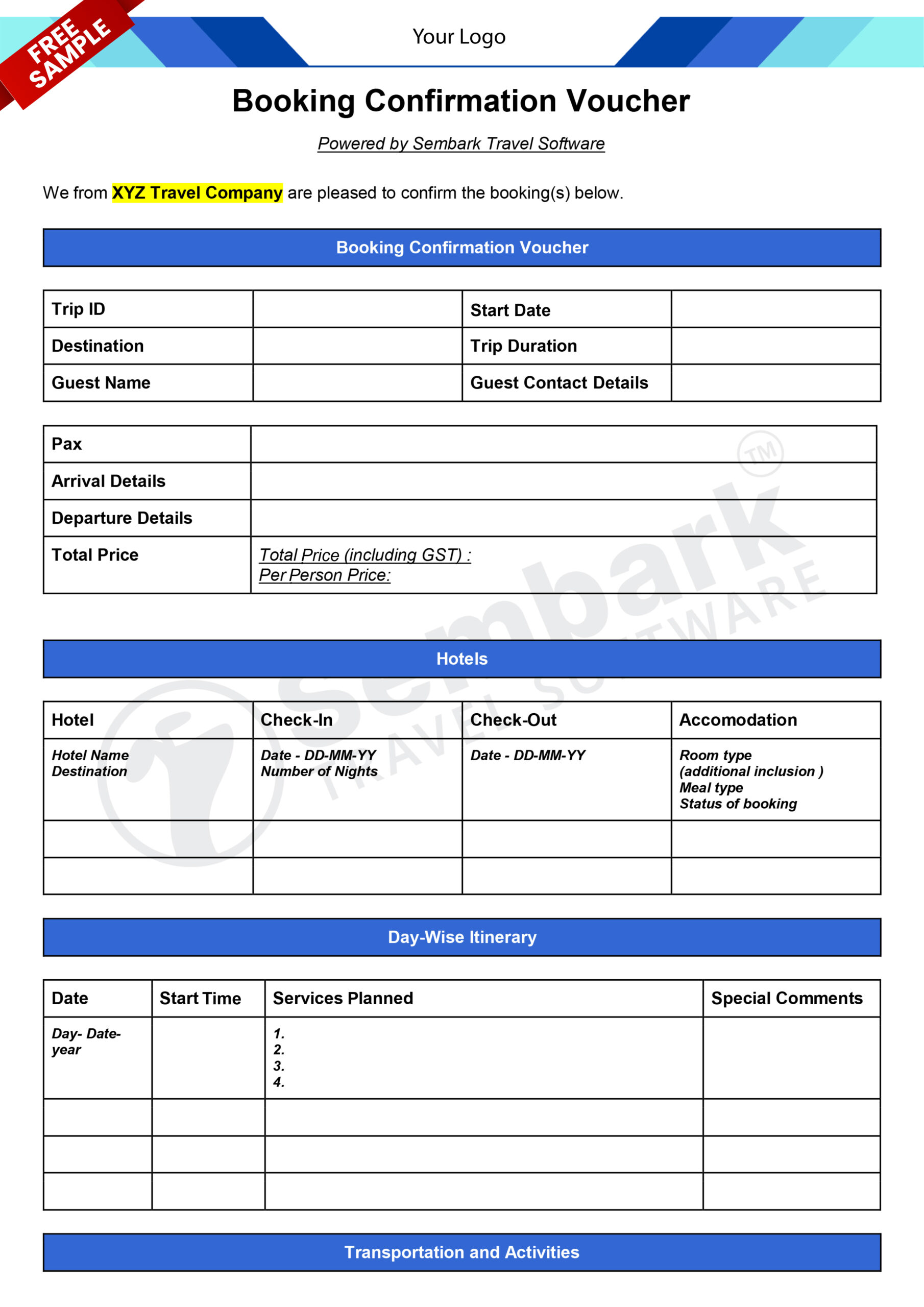 Free Download Tour Booking Voucher For Travel Business Word Pdf
