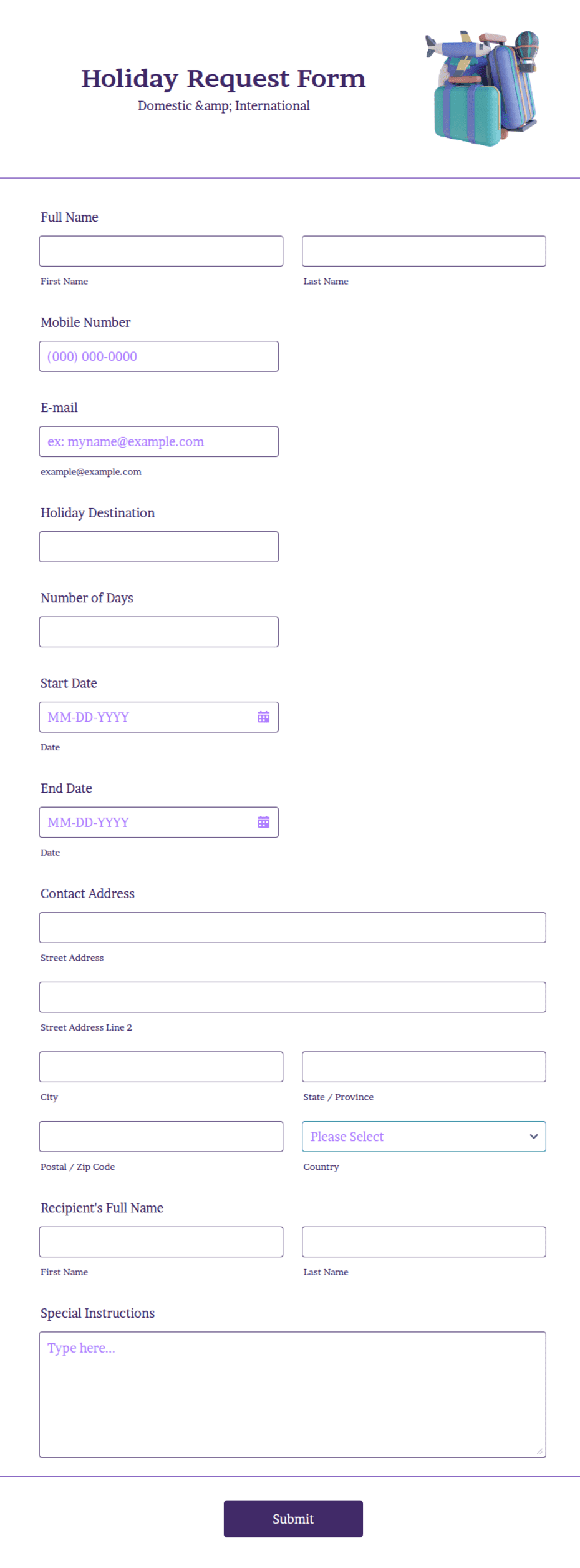 Holiday Request Form Holiday Request Form