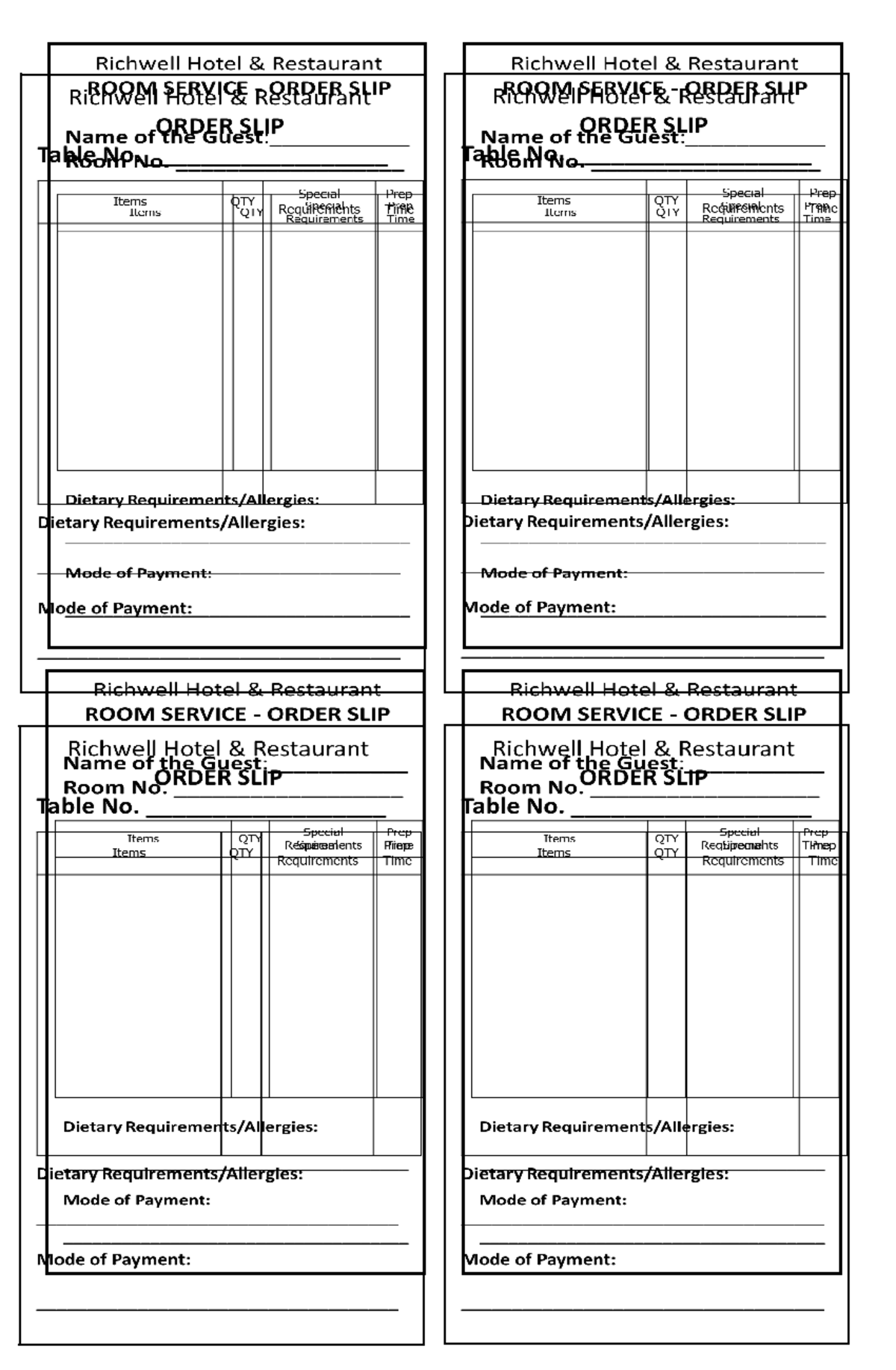 Order Slip Room Service
