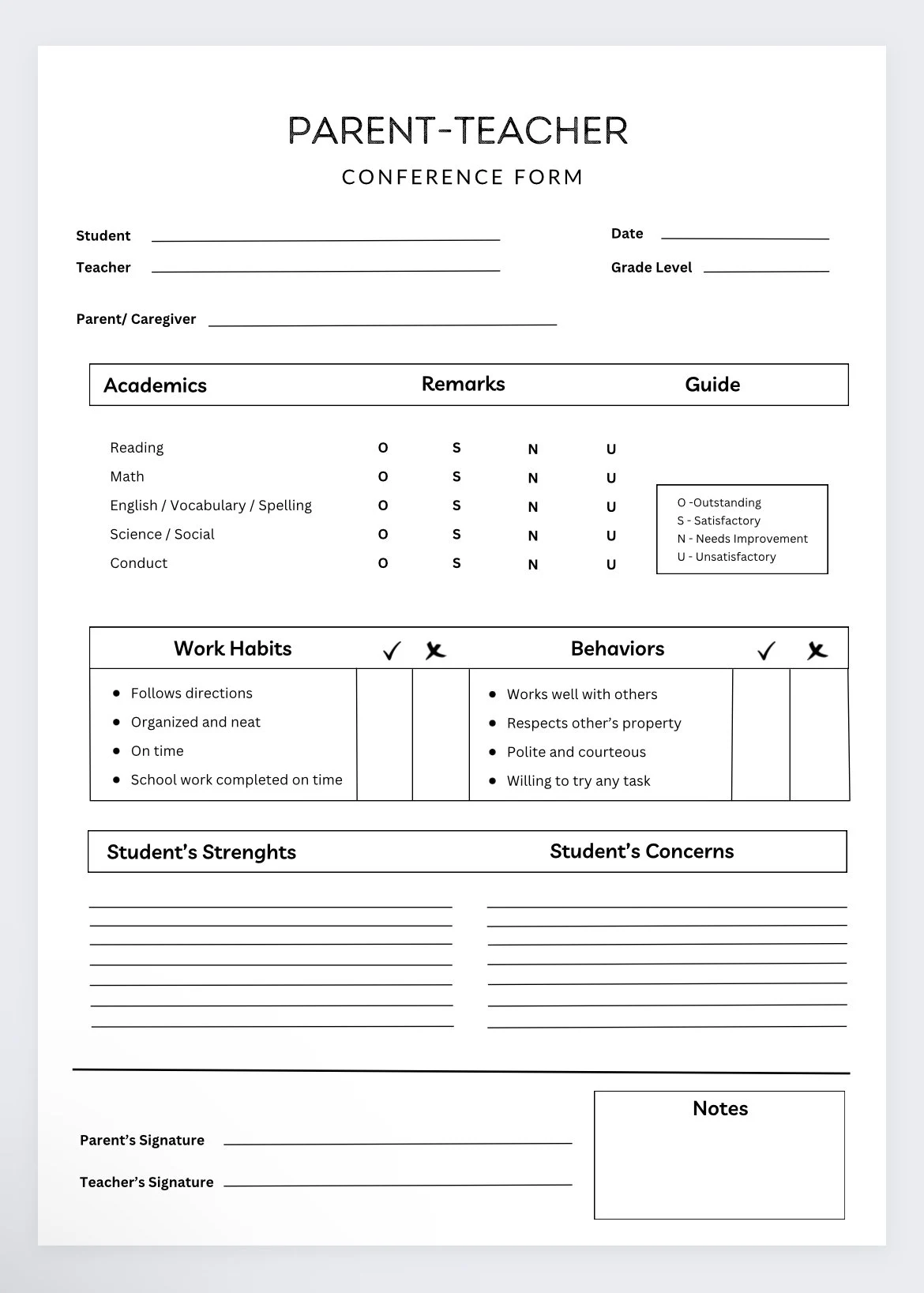 Parent Teacher Conference Formstudent