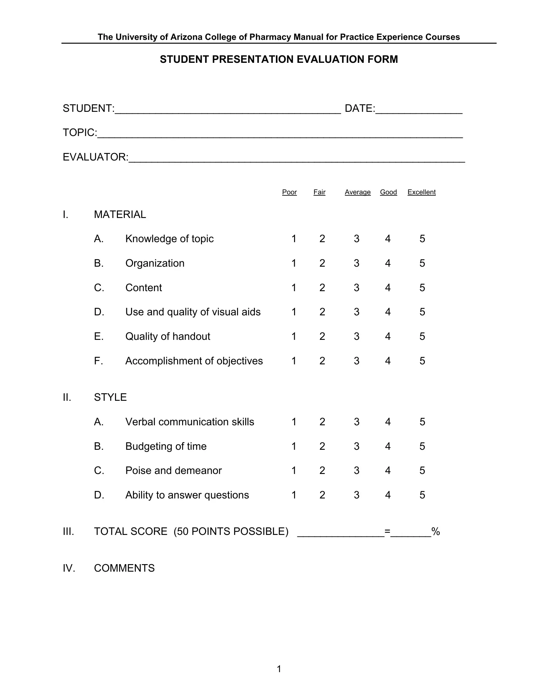 Presentation Evaluation Form Presentation Evaluation Form