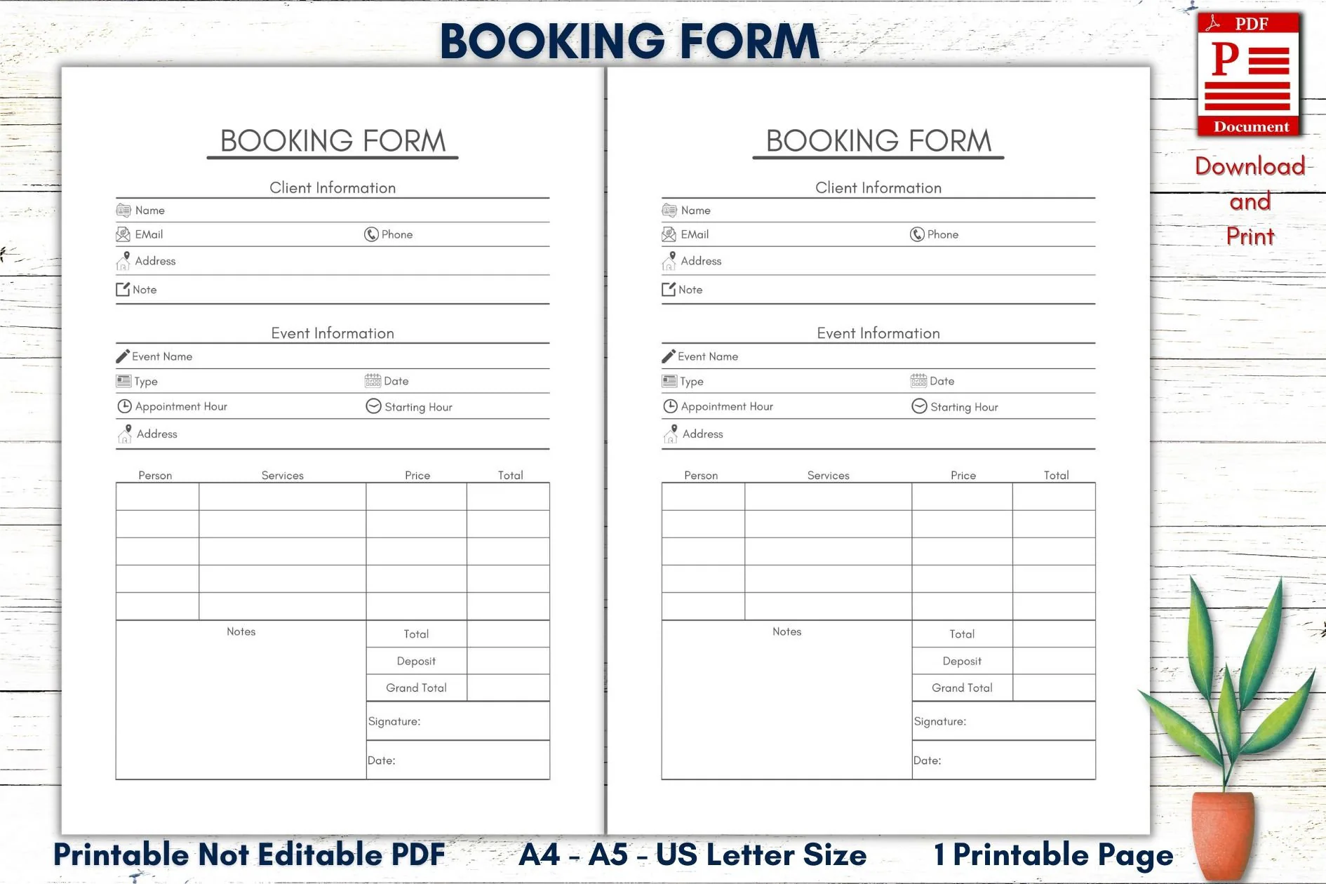 Printable Booking Form Service Client