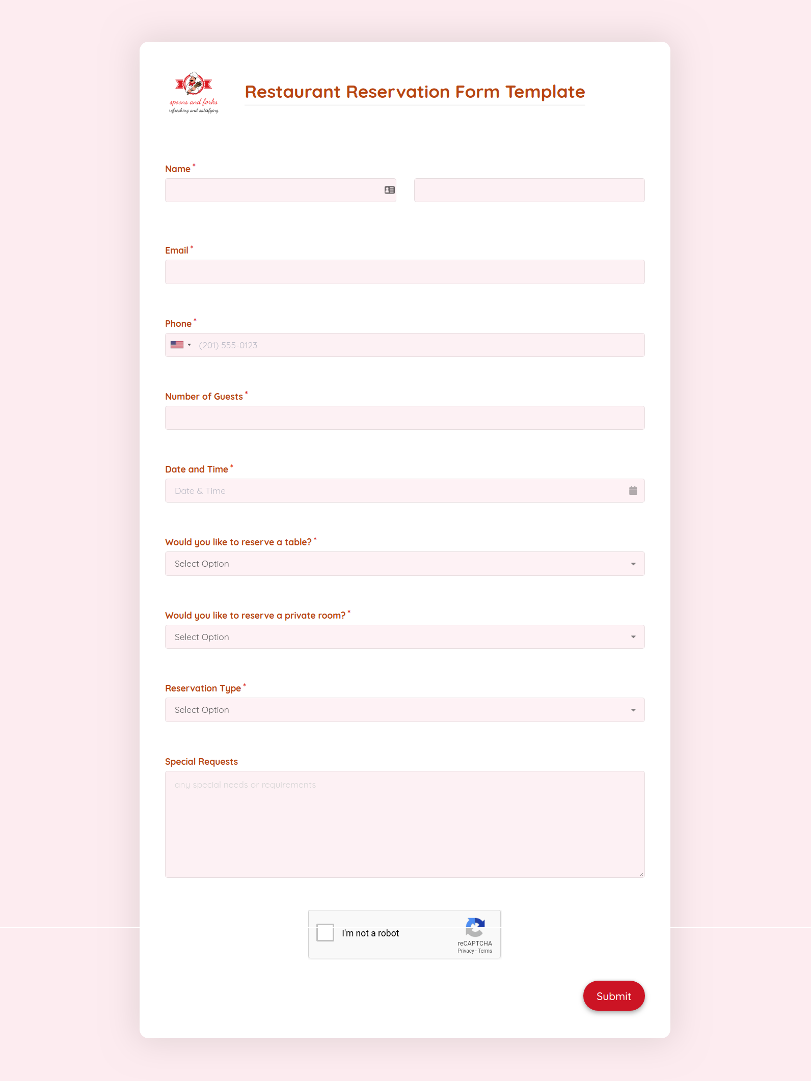 Restaurant Reservation Form Restaurant Reservation Form