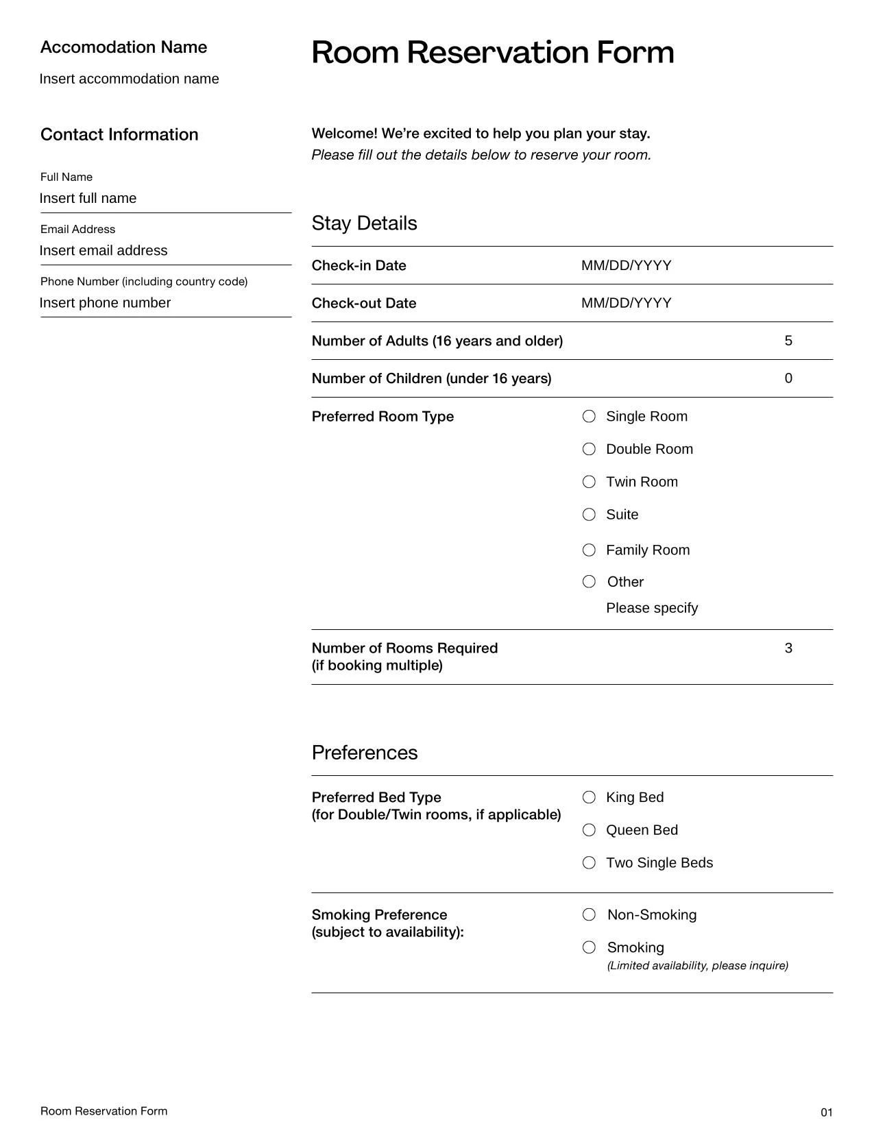 Room Reservation Form Template