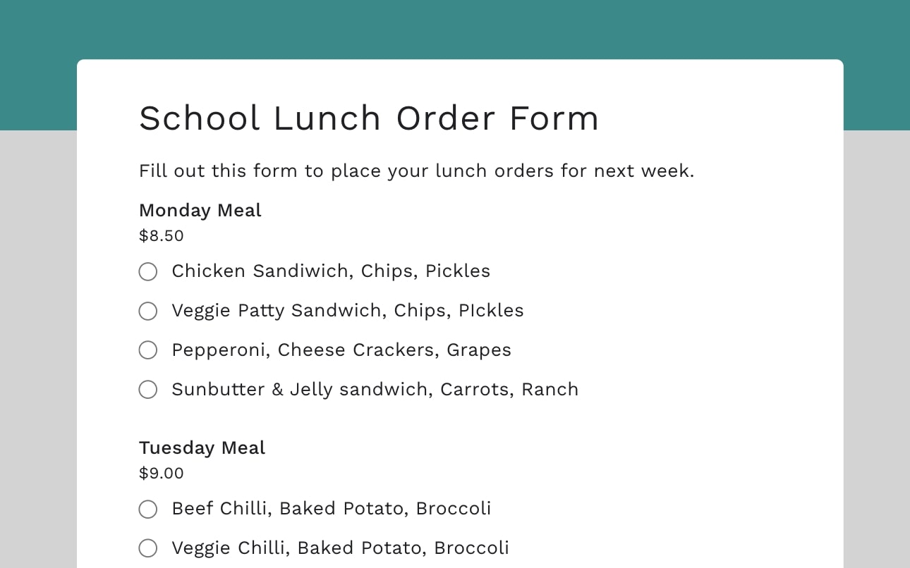 School Lunch Order Form