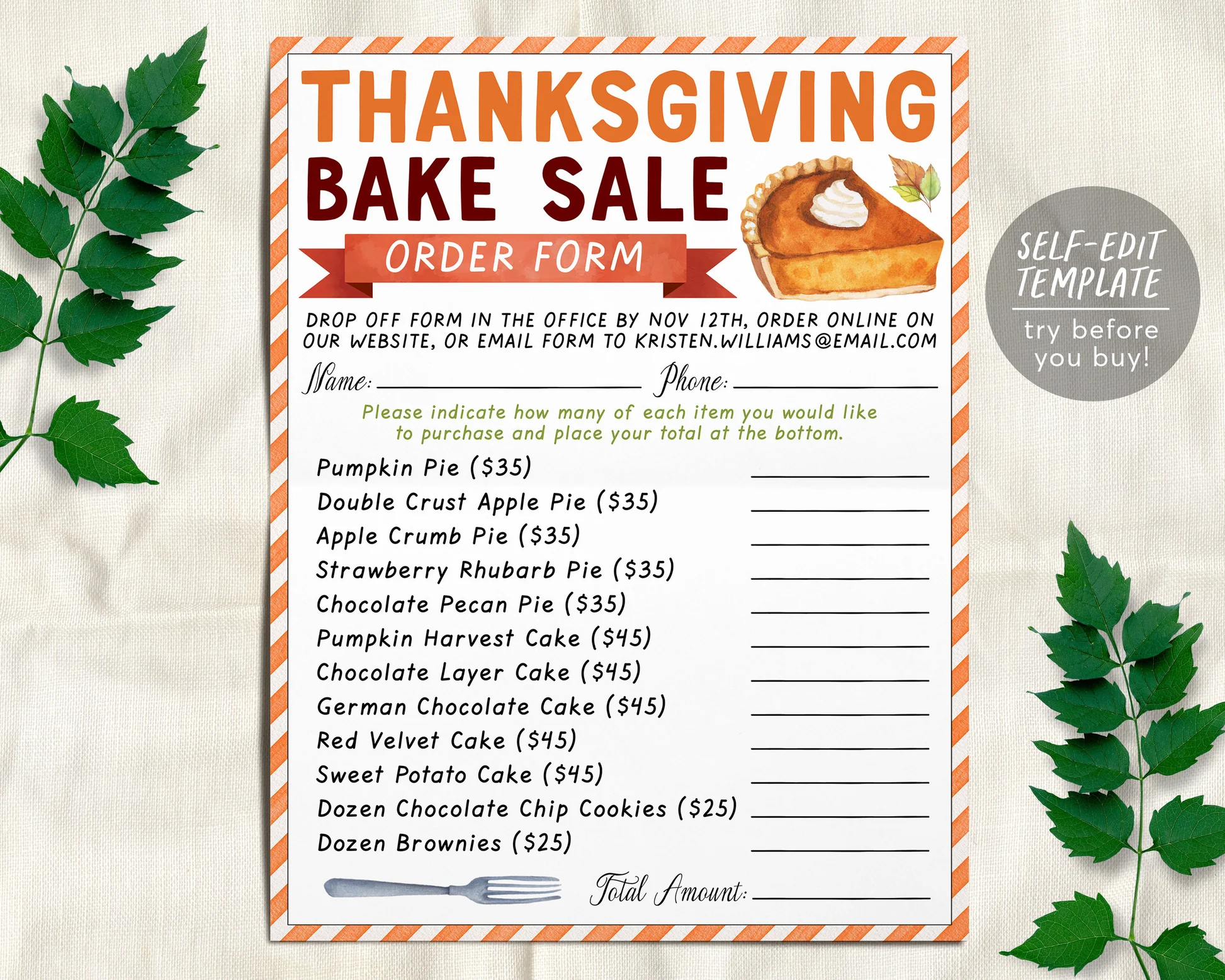 Thanksgiving Bake Sale Order Form Editable Template Fall Fundraiser Pie Sale Order Form Bakery Order Form Product Sales School Pto Pta 363050552