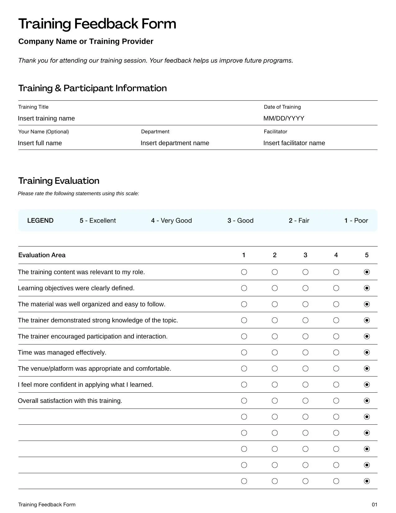 Training Feedback Form Template
